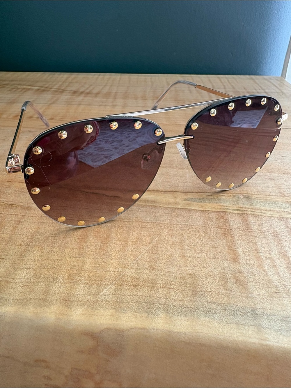 Gold Rimless Studded Brown Gradient Aviator Sunglasses - Women Accessories